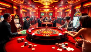 Exciting casino scene at https://rr88co.net/ with roulette, cards, and eager gamblers.