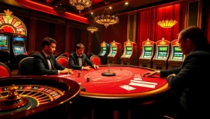 Engaging poker players surrounded by colorful chips and a roulette wheel capturing the essence of hidden wiki onion.