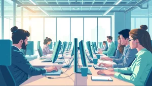 Engaged professionals in a typing center showcasing efficiency and collaboration in a bright workspace.