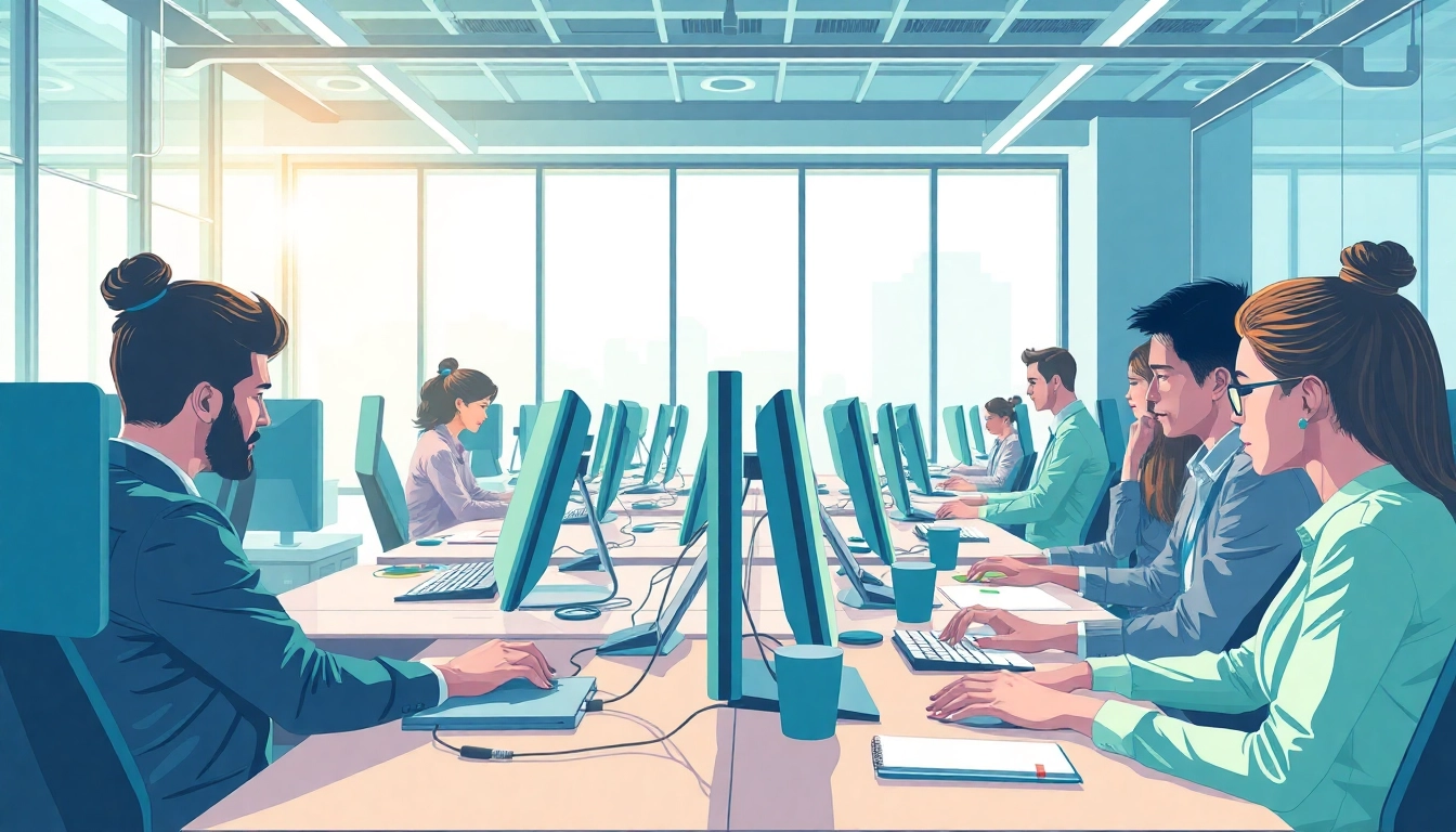 Engaged professionals in a typing center showcasing efficiency and collaboration in a bright workspace.