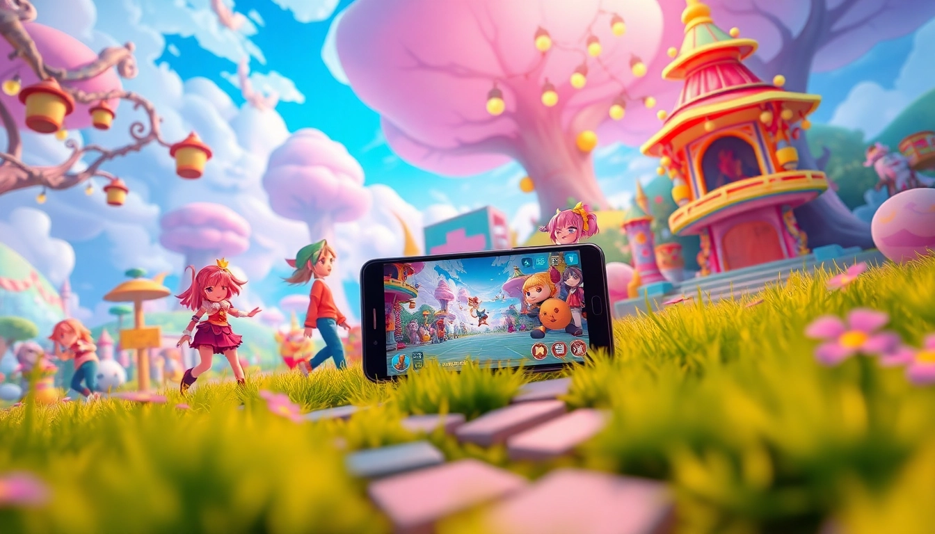 Immersive scene from a mobile porn game featuring diverse anime characters and vibrant landscapes.