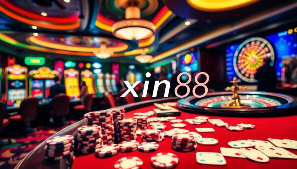 Experience thrilling casino action with xin88 at a stylish poker table and vibrant slot machines.