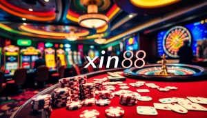 Experience thrilling casino action with xin88 at a stylish poker table and vibrant slot machines.