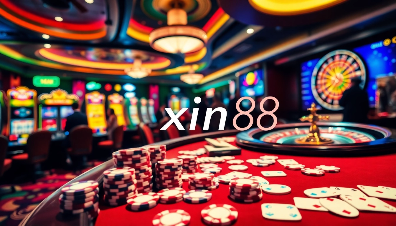 Experience thrilling casino action with xin88 at a stylish poker table and vibrant slot machines.