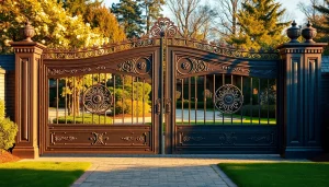 Custom steel gates enhance elegance and security in a beautiful garden setting.