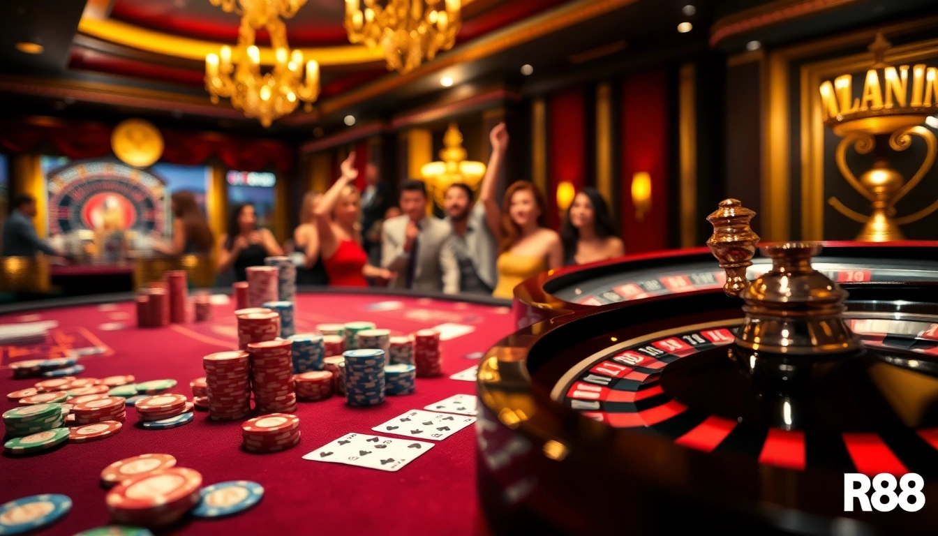 Engaging poker scene featuring RR88, vibrant chips, and an exciting roulette wheel.