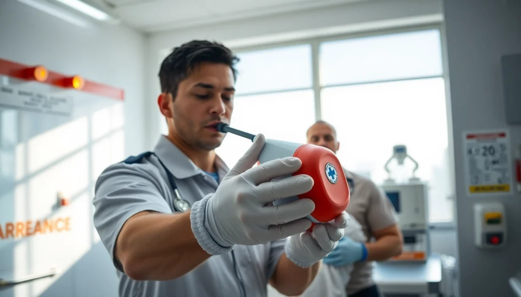 Responders demonstrating a choking rescue device in an emergency room setting.