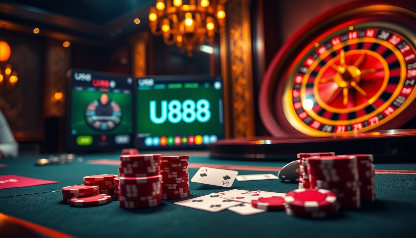 UU88 online casino experience with modern poker chips and roulette wheel.