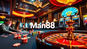 Engaging scene of a vibrant poker table at Man88 casino with excited players and colorful chips.