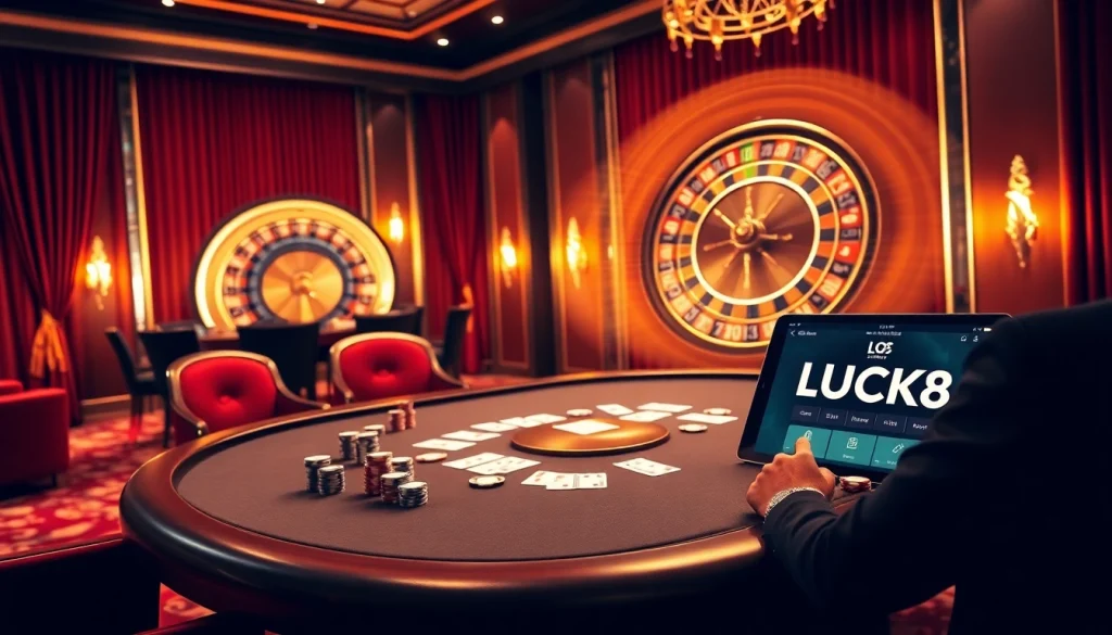 Cuộc chơi poker căng thẳng tại bàn casino LUCK8 với bầu không khí sang trọng và sự phấn khích của trò chơi.
