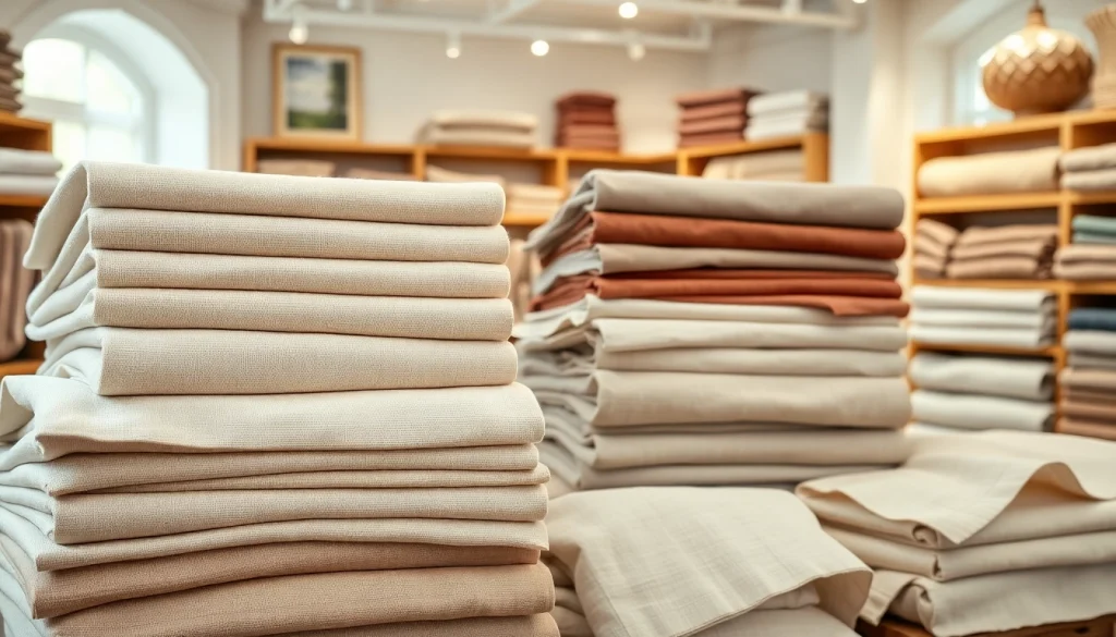 Verken hoogwaardige linnen stoffen in een elegante winkel met diverse texturen en kleuren.
