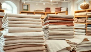 Verken hoogwaardige linnen stoffen in een elegante winkel met diverse texturen en kleuren.