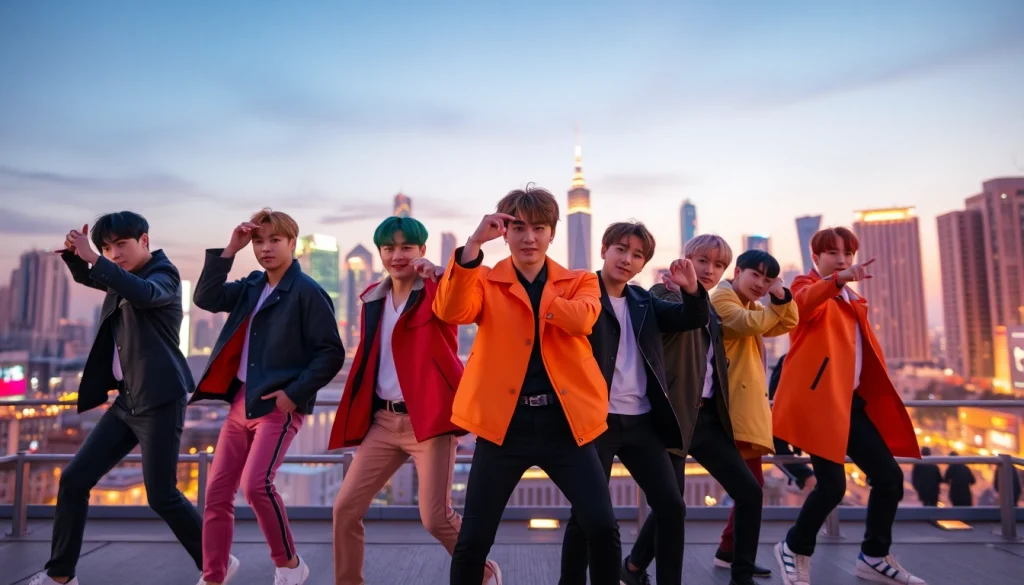BTS news collage showcasing members in action against a vibrant city background.