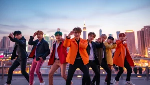 BTS news collage showcasing members in action against a vibrant city background.