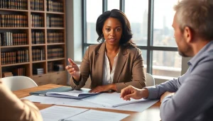 Real estate lawyer consulting with a client in a professional office environment.