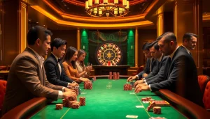 Experience thrilling gameplay at i9bet with professional poker players at an elegant casino table.