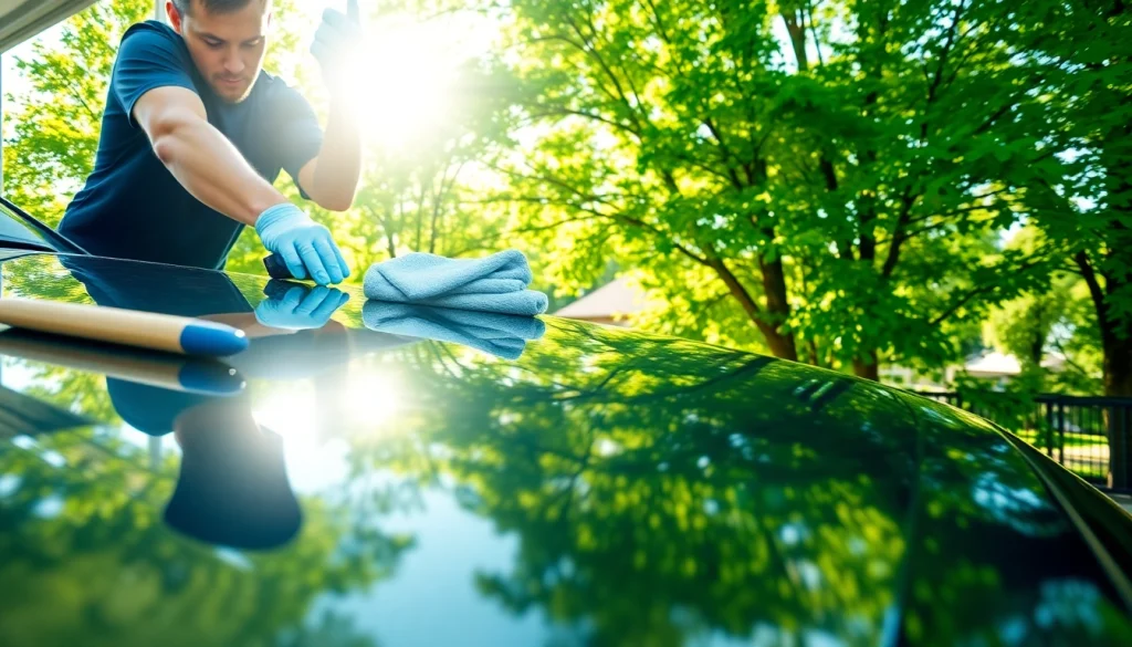 Experience car detailing near me with a detailer applying wax to a gleaming car.