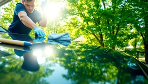 Experience car detailing near me with a detailer applying wax to a gleaming car.