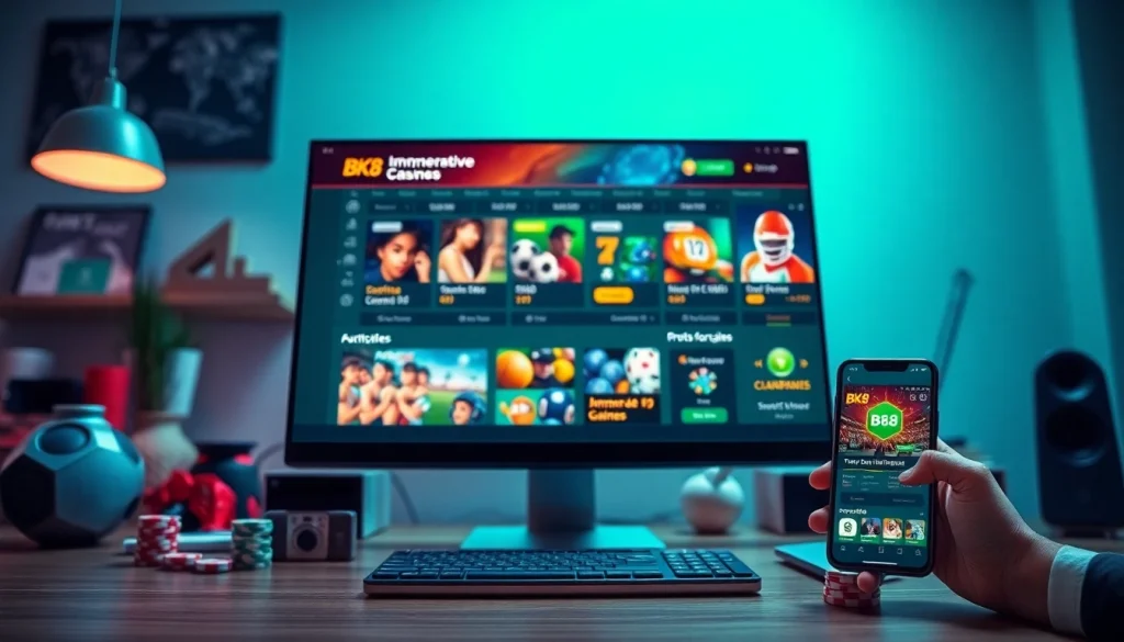 Engaging visual of bk860s.com showcasing sports betting and casino games in a modern workspace.