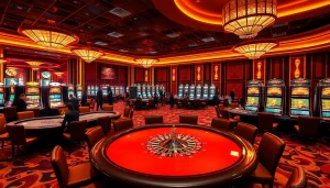 SODO casino setting with vibrant gaming tables and elegant slot machines, showcasing excitement.