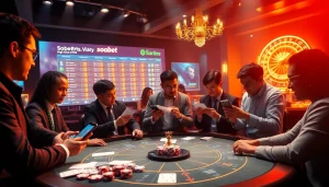 Players placing bets on sbobet odds at a vibrant modern casino with a sports betting atmosphere.