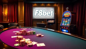 Experience high-stakes gaming at F8bet, featuring a vibrant poker table and a dazzling roulette wheel.