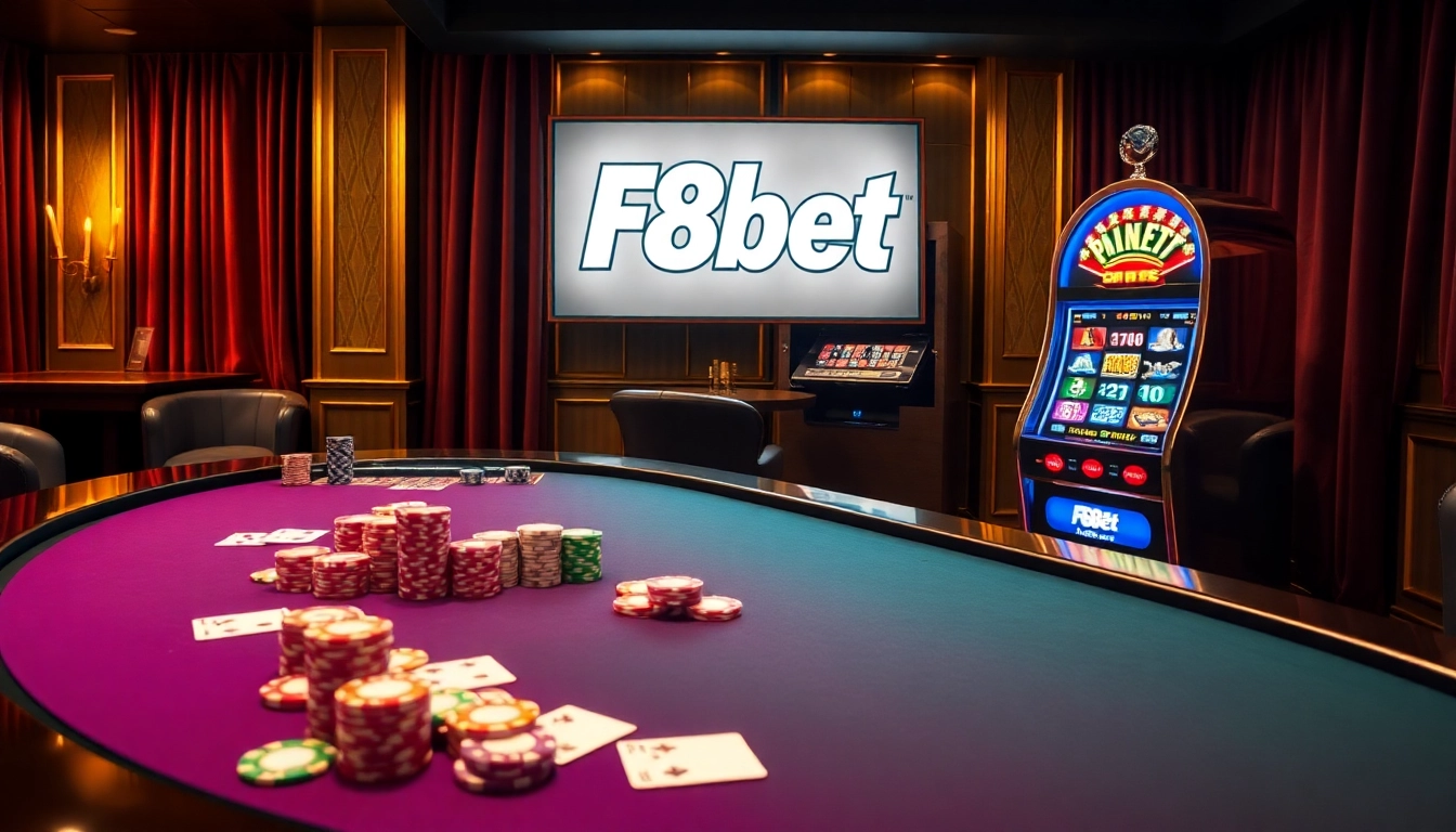 Experience high-stakes gaming at F8bet, featuring a vibrant poker table and a dazzling roulette wheel.
