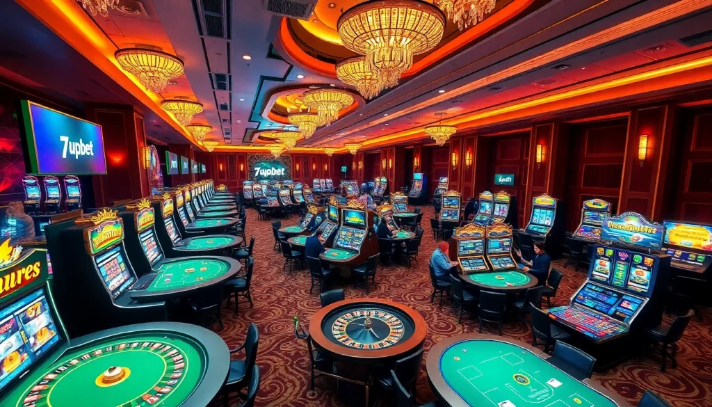 Engaging gambling scene showcasing 7upbet casino experience with lively tables and vibrant slot machines.