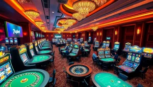 Engaging gambling scene showcasing 7upbet casino experience with lively tables and vibrant slot machines.