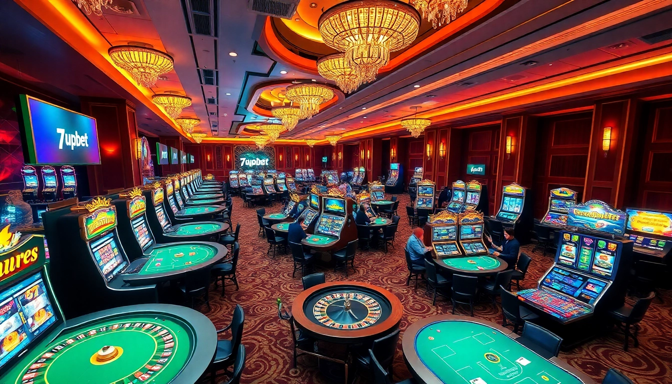Engaging gambling scene showcasing 7upbet casino experience with lively tables and vibrant slot machines.