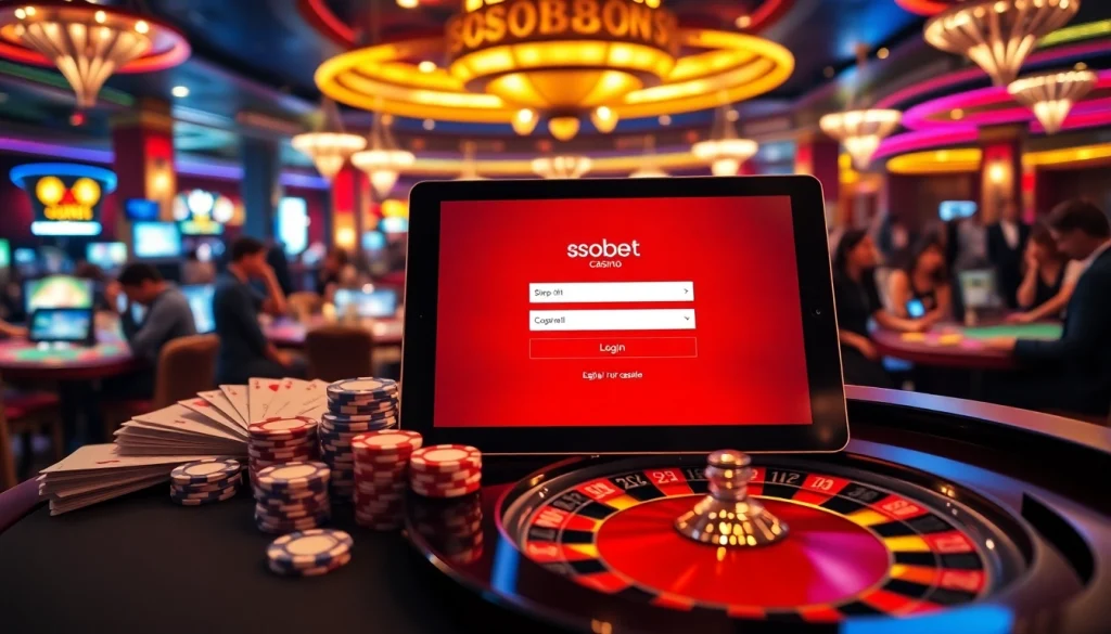 Engaging sbobet login scene featuring vibrant poker chips and a luxurious casino atmosphere.