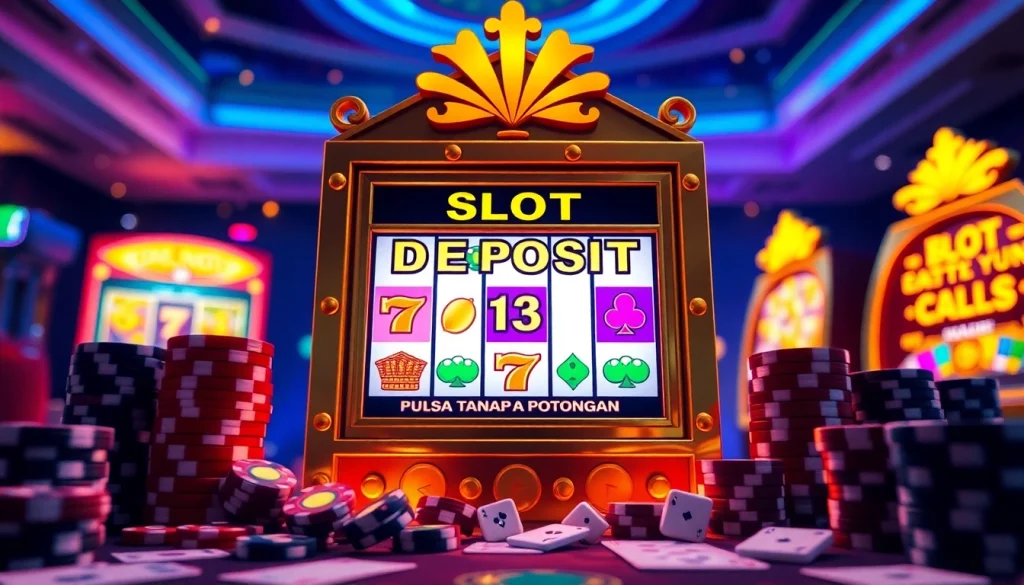 Mesin slot yang menampilkan slot deposit pulsa tanpa potongan di tengah elemen kasino yang berwarna-warni.