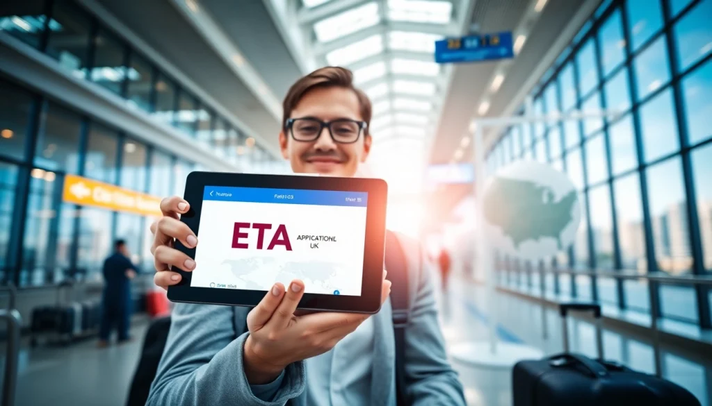 Traveler using the eta application uk for efficient travel planning at the airport