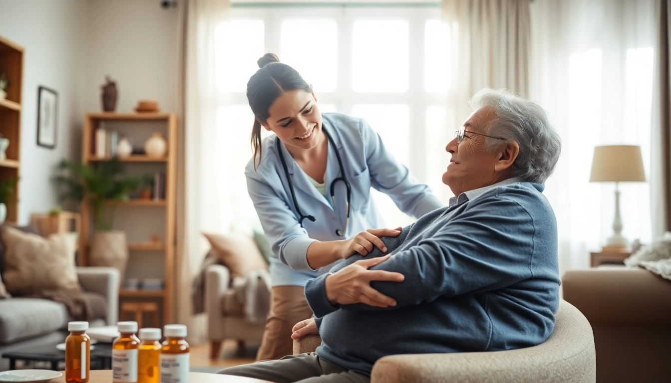 Caregiver providing at home health care to an elderly patient in a warm and inviting living room.