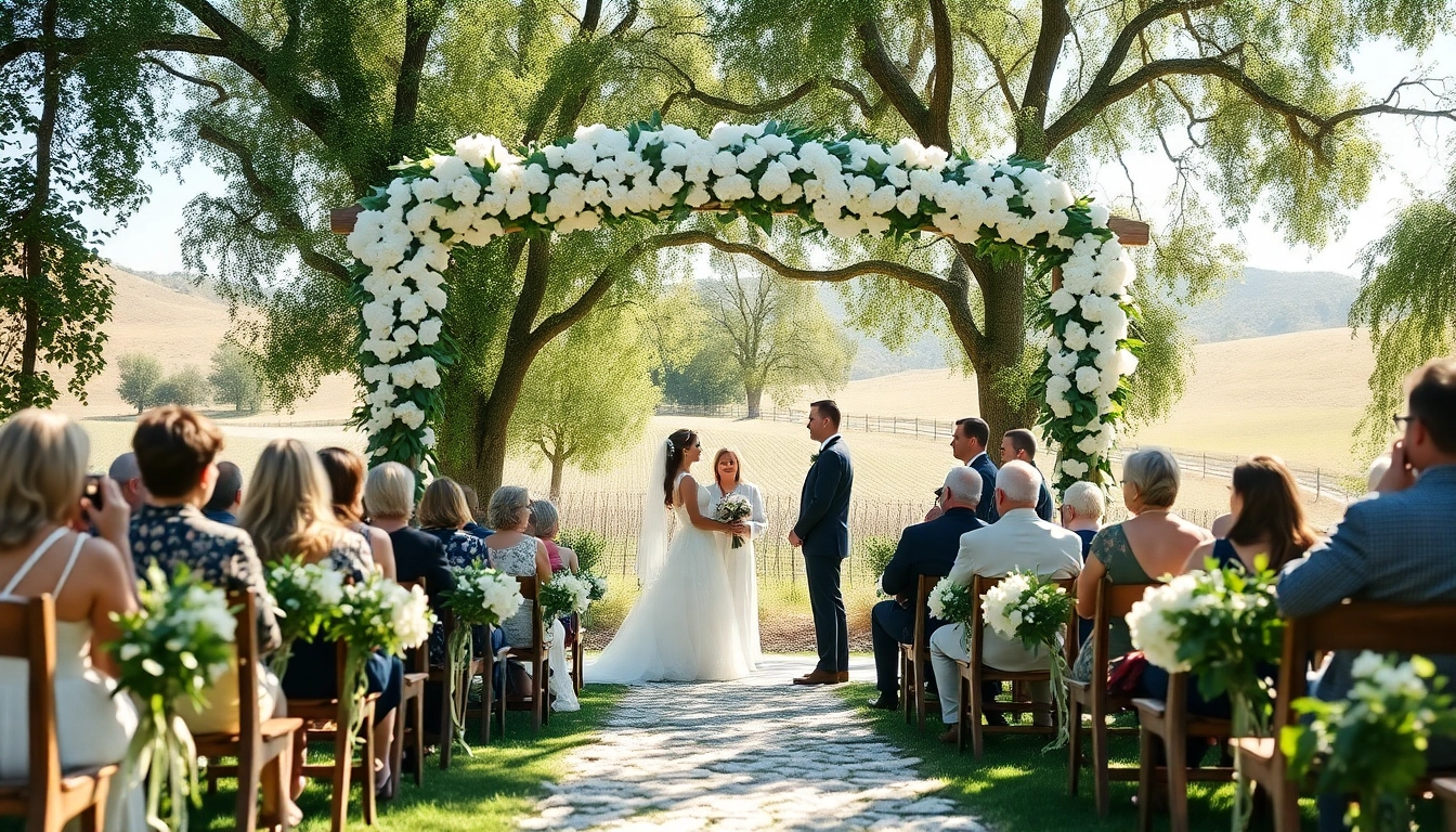 Celebrate Clarksburg ca weddings with a couple exchanging vows under a floral arch in a vineyard.