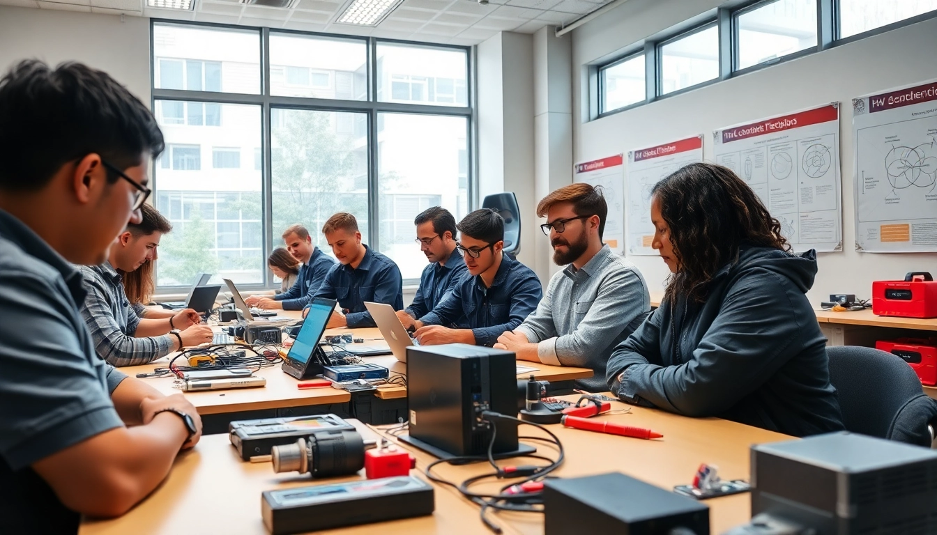 Engaged students participating in an HVAC technician training session using modern tools.