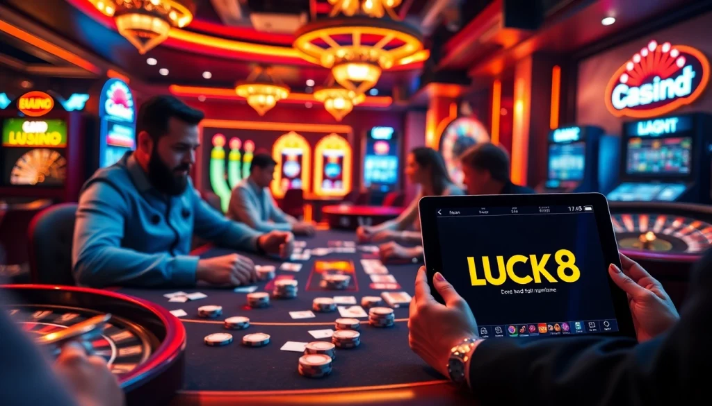 LUCK8 players enjoy intense poker action amidst luxurious casino visuals.