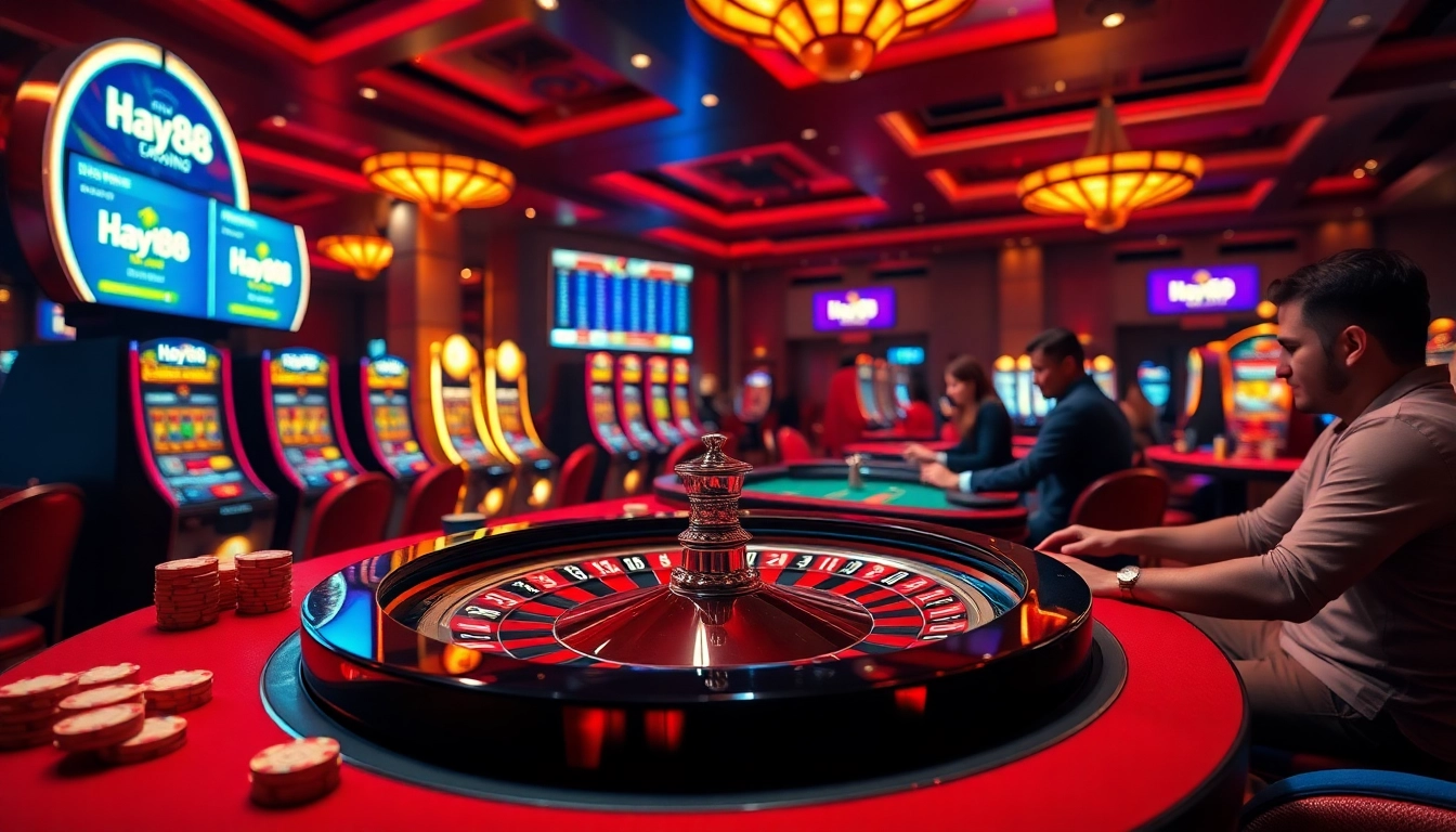 Experience Hay88's thrilling casino atmosphere with lively players at the roulette table.