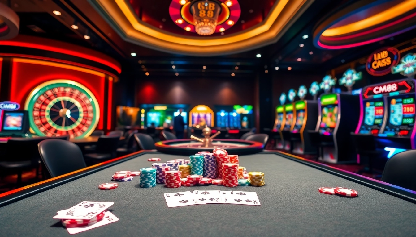 CM88 poker table setup featuring vibrant chips and cards in an energetic casino scene.