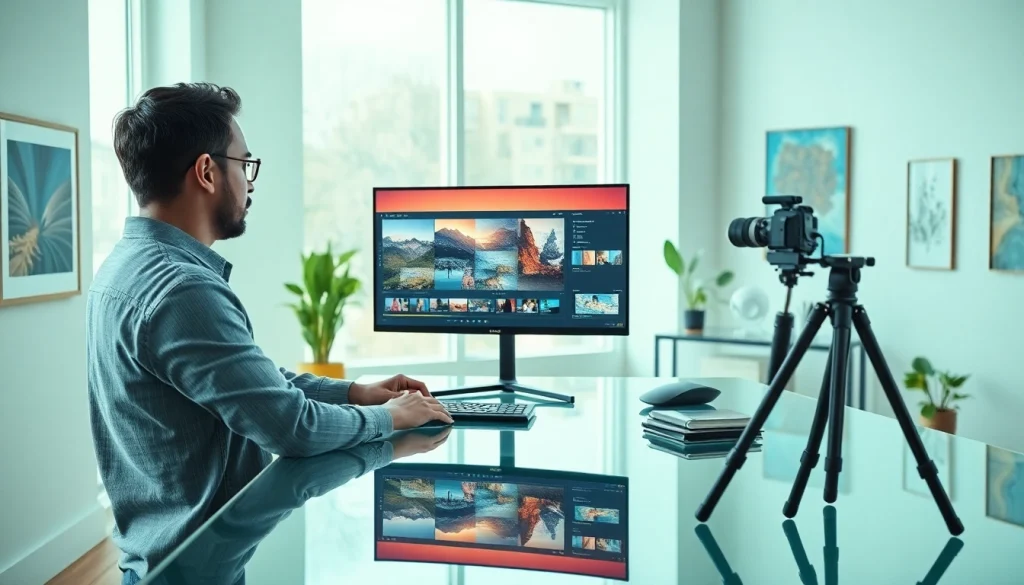 Video to prompt generator in an innovative workspace with a professional analyzing video content.