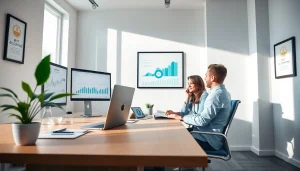 Profesjonalna konsultacja księgowa w Poznaniu pokazująca lokalne usługi z wykresami finansowymi i przyjazną atmosferą.