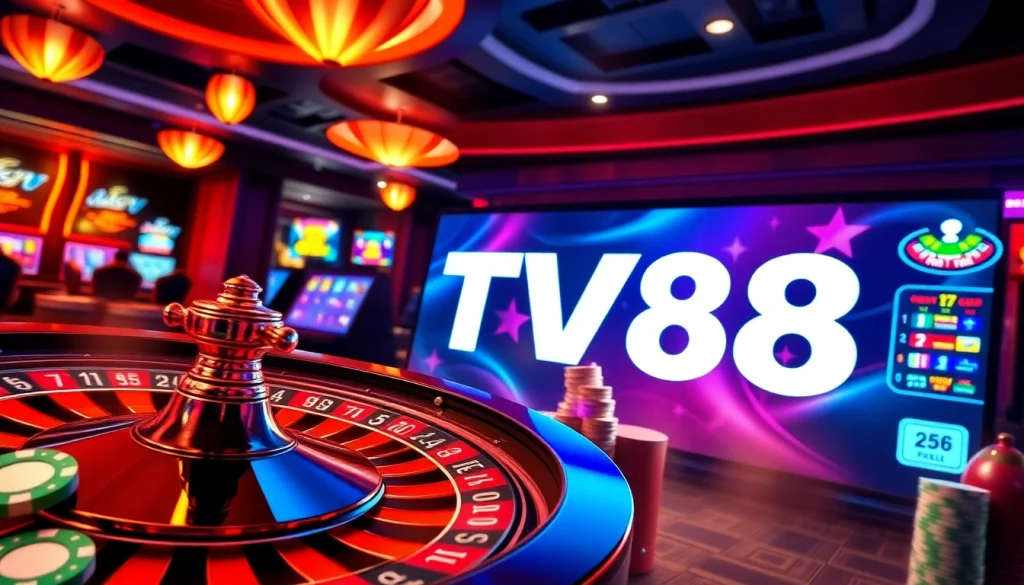 Engage with thrilling gameplay featuring TV88 on digital screens amidst a vibrant casino atmosphere.