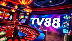 Engage with thrilling gameplay featuring TV88 on digital screens amidst a vibrant casino atmosphere.