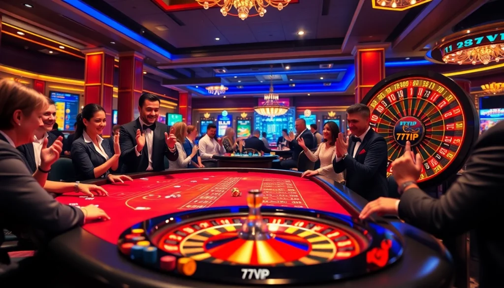 Players enjoying a thrilling game at 777VIP casino with vibrant atmosphere and luxurious gaming tables.