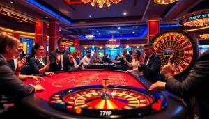 Players enjoying a thrilling game at 777VIP casino with vibrant atmosphere and luxurious gaming tables.