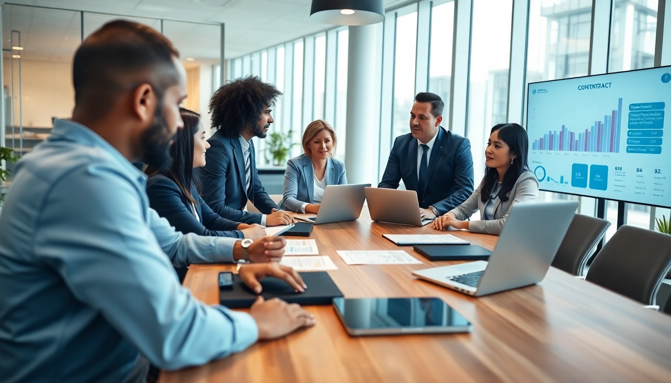 Engaging discussion on Contract Management among professionals in a bright office setting.