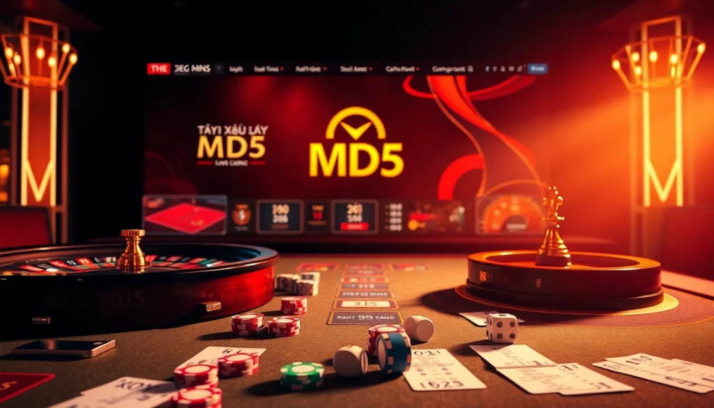 Experience thrilling gameplay at https://taixiumd5.fan/ with vibrant poker chips and dice in a luxurious casino setting.