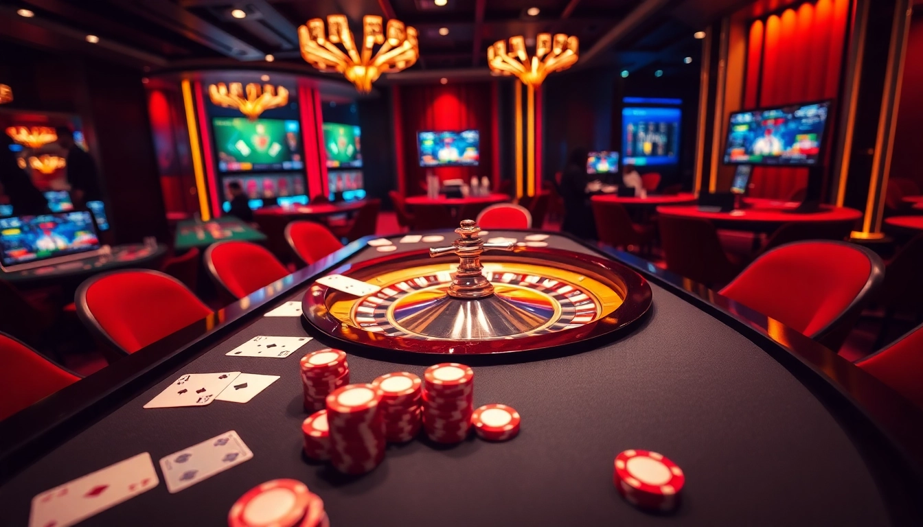 Vivez l'excitation des casinos en ligne français avec des jetons de poker vibrants et une roue de roulette lumineuse.