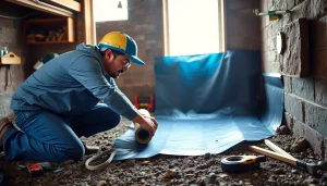 Contractor performing vapor barrier installation, highlighting essential tools and techniques.