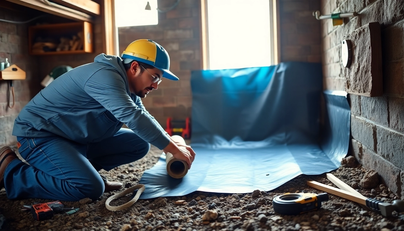 Contractor performing vapor barrier installation, highlighting essential tools and techniques.